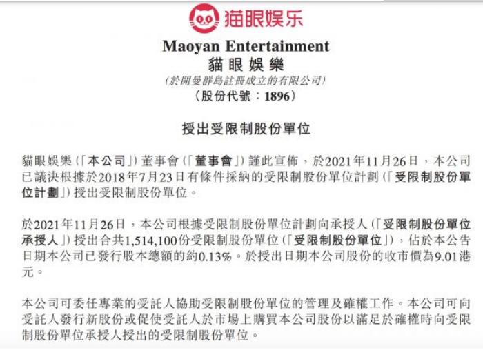 猫眼娱乐授出151.41万份受限制股份单位 收市价为9.01港元