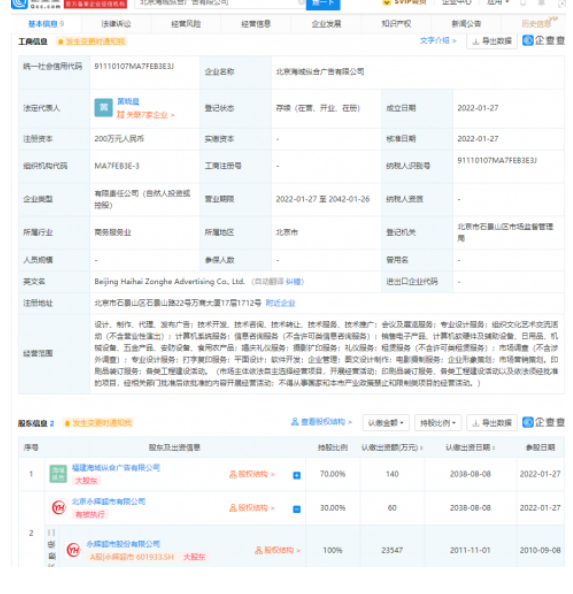 永辉超市联手海域纵合成立广告新公司 注册资本200万元