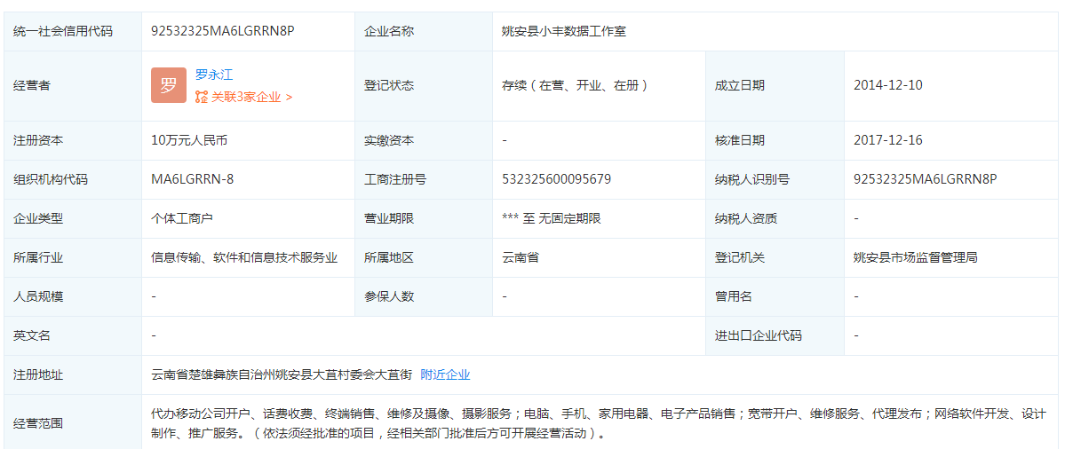 小丰数据工作室是什么的？小丰数据工作室注册资本及经营范围