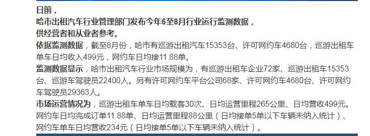 哈尔滨出租车数据_每台日均载客30次